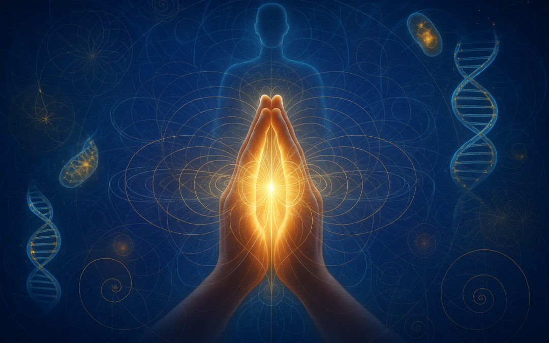 Human hands in prayer position with electromagnetic fields, biofield energy patterns, DNA helixes, and sacred geometry - no text