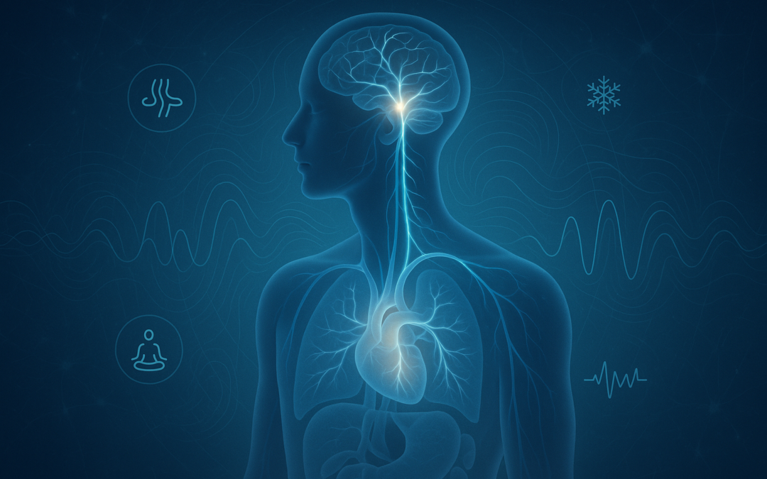 Vagus nerve pathway illustration showing neural connections and PEMF therapy elements