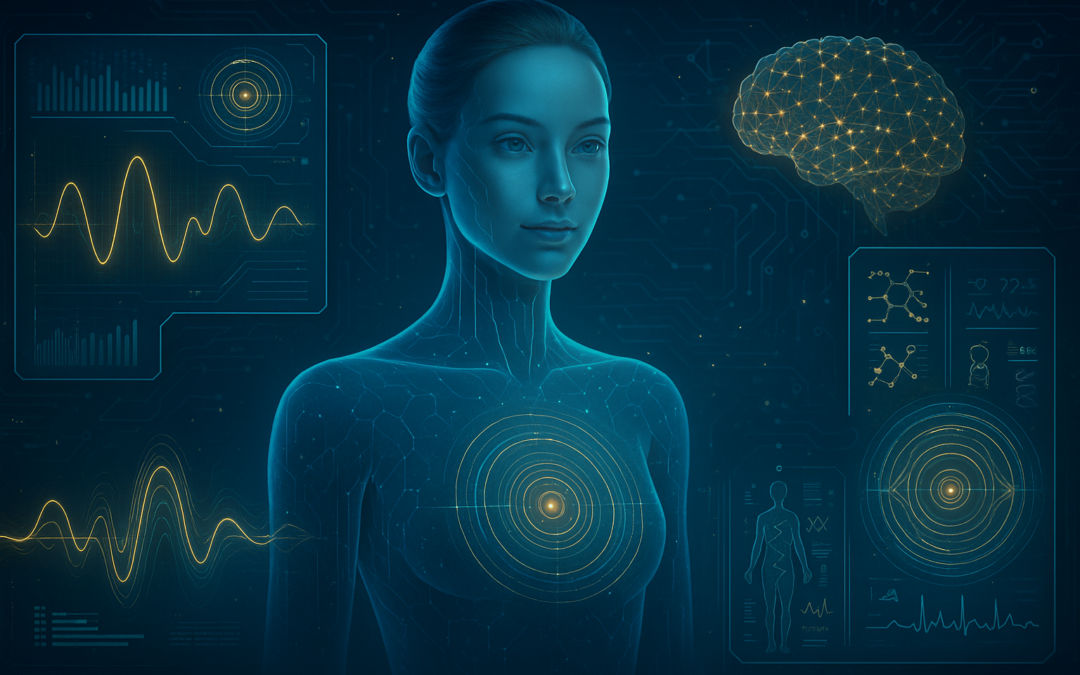 Futuristic AI interface with holographic displays showing personalized frequency medicine and wellness coaching