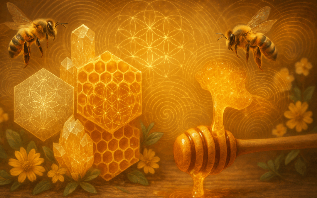 Beautiful honey bees around golden honeycomb with sacred geometry patterns and wooden honey dipper showing frequency waves
